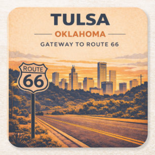 Posavasos Cuadrado De Papel Tulsa Skyline Coffee Sips en la Ruta 66