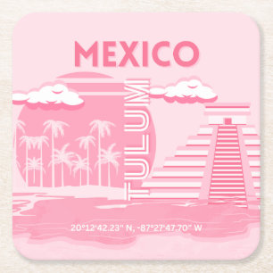 Posavasos Cuadrado De Papel Tulum, México, arte de viajes, arte rosa