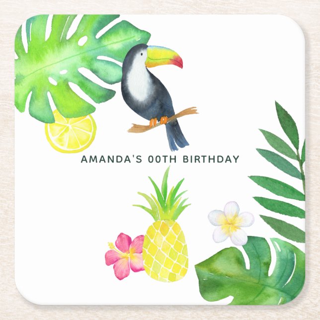 Posavasos Cuadrado De Papel Turco Tropical Acuarela Verano Cumpleaños (Anverso)