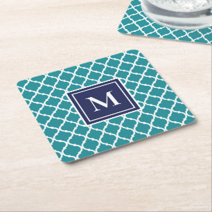 Posavasos Cuadrado De Papel Turquesa Azul Marino Modernas Cuatro Hojas Monogra