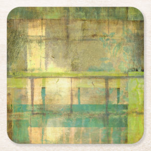 Posavasos Cuadrado De Papel Turquesa dorada y pintura abstracta verde