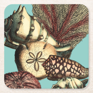Posavasos Cuadrado De Papel Turquesa Shell y colección del coral rojo