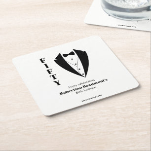 Posavasos Cuadrado De Papel Tuxedo negro blanco simple moderno 50 cumpleaños