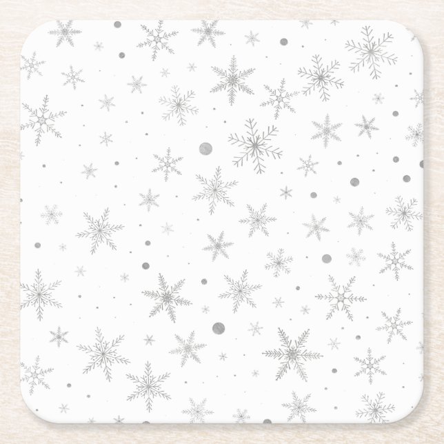 Posavasos Cuadrado De Papel Twinkle Snowflake - Blanco y gris plateado (Anverso)