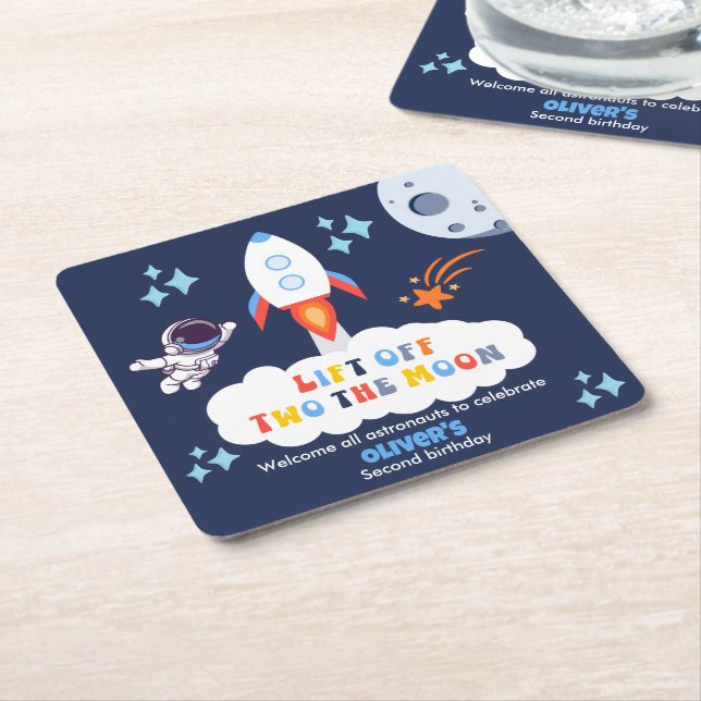Posavasos Cuadrado De Papel Two The Moon Boy Space Rocket Lift Off 2nd Bday (En perspectiva)