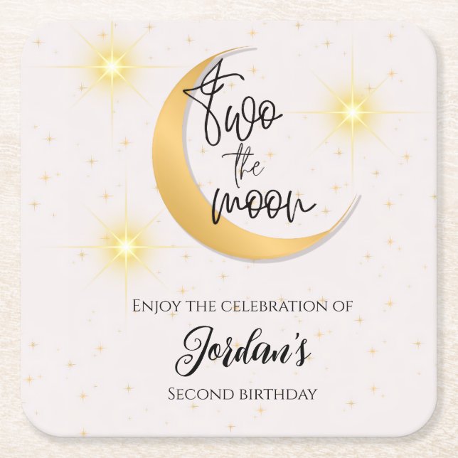 Posavasos Cuadrado De Papel Two The Moon Elegant Gender Neutral 2nd Birthday  (Anverso)