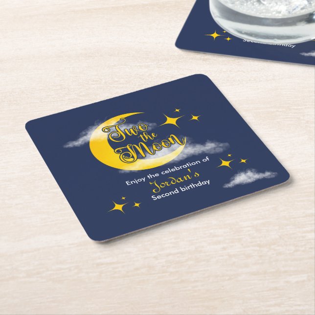 Posavasos Cuadrado De Papel Two The Moon Elegant Gender Neutral 2nd Birthday  (En perspectiva)