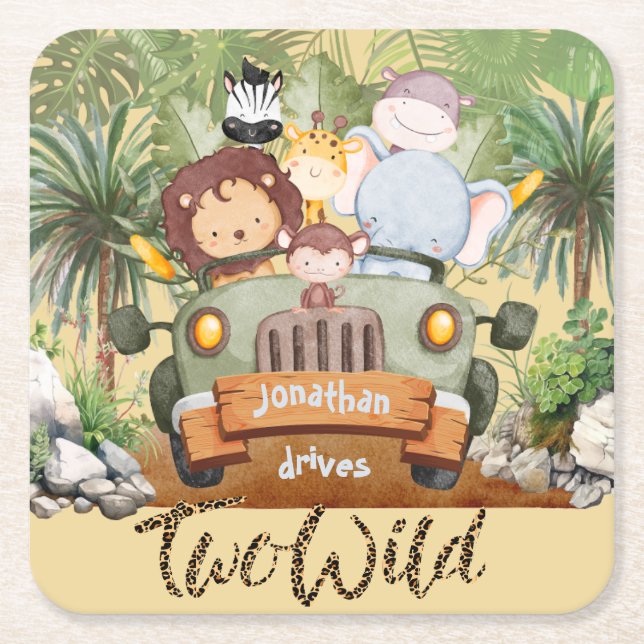 Posavasos Cuadrado De Papel Two Wild Safari Animals Driving Car 2nd Birthday  (Anverso)