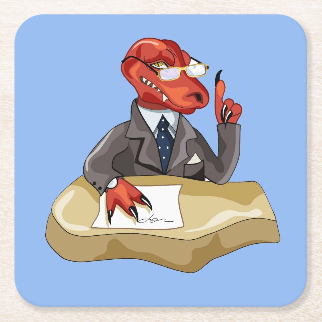 Posavasos Cuadrado De Papel Tyrannosaurus Rex Jefe Sentado En Un Escritorio. 2 (Anverso)