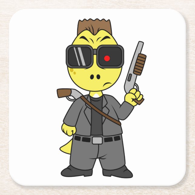 Posavasos Cuadrado De Papel Tyrannosaurus Rex Vestido Como Terminador. (Anverso)