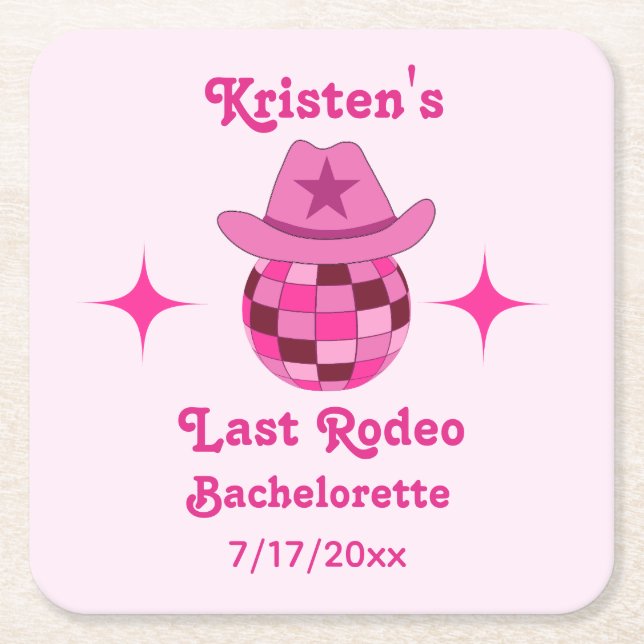 Posavasos Cuadrado De Papel Última rodeo rosada discoteca Bachelorette (Anverso)