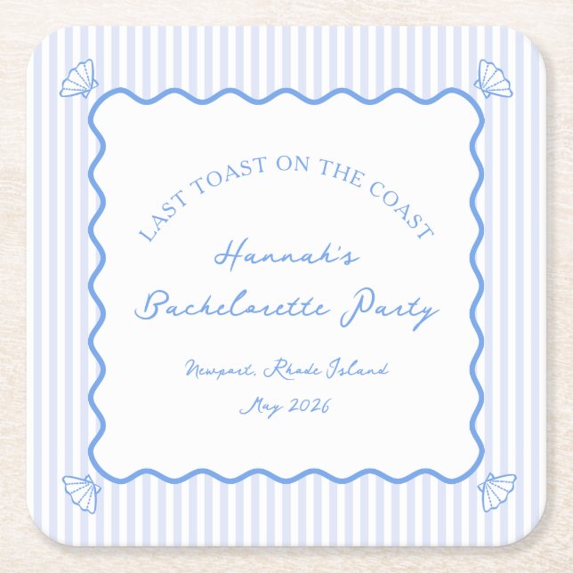 Posavasos Cuadrado De Papel Último brindis en la costa Fiesta de soltera azul (Anverso)