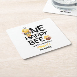 Posavasos Cuadrado De Papel Un Chica Abeja Feliz Miel Amarillo Primer Cumpleañ