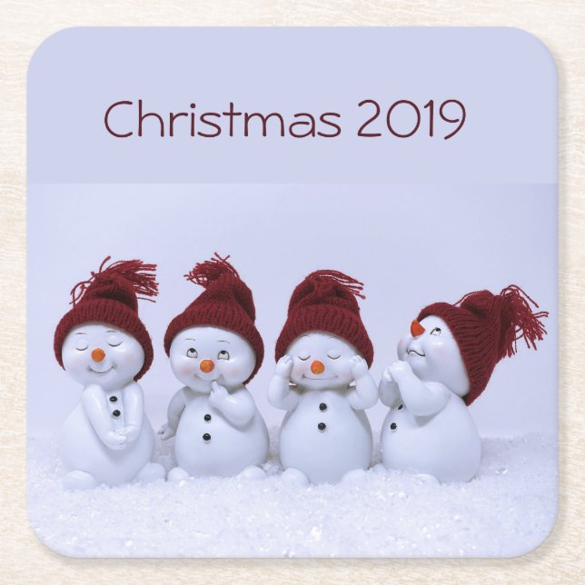 Posavasos Cuadrado De Papel Un cuarteto de muñecos de nieve (Anverso)