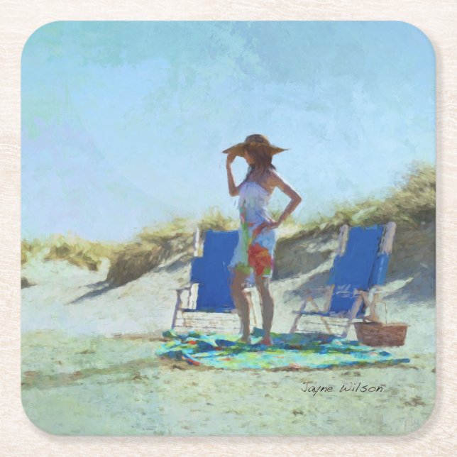 Posavasos Cuadrado De Papel Un día en la playa (Anverso)