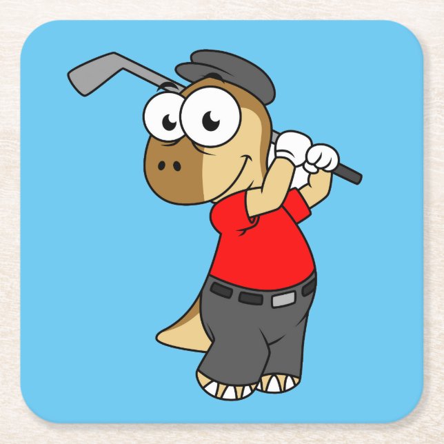 Posavasos Cuadrado De Papel Un Dinosaurio Pachycephalosaurio Jugando Golf. (Anverso)