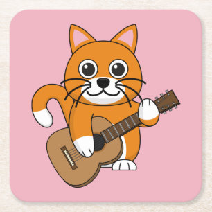 Posavasos Cuadrado De Papel Un gato blanco Naranja lindo tocando Personalizado