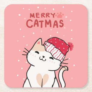 Posavasos Cuadrado De Papel Un gato Navidad lindo moro Navidad Santa Hat Kitte