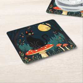 Posavasos Cuadrado De Papel Un gato negro familiar y toadstools Halloween 3