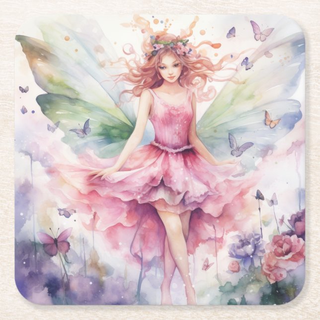Posavasos Cuadrado De Papel Un hada de primavera hermosa (Anverso)