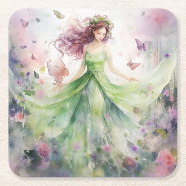 Posavasos Cuadrado De Papel Un hermoso hada de primavera (Anverso)