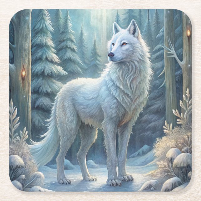 Posavasos Cuadrado De Papel Un Hermoso Lobo Blanco (Anverso)