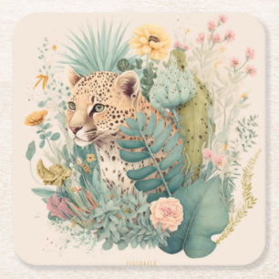 Posavasos Cuadrado De Papel Un leopardo detrás del personalizado de los arbust