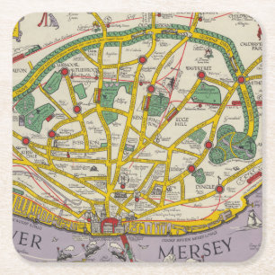 Posavasos Cuadrado De Papel Un mapa de Merseyside, Liverpool