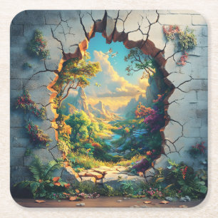 Posavasos Cuadrado De Papel Un mundo fantástico a través de un diseño de pared
