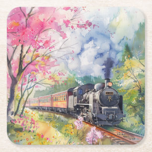 Posavasos Cuadrado De Papel Un tren en primavera