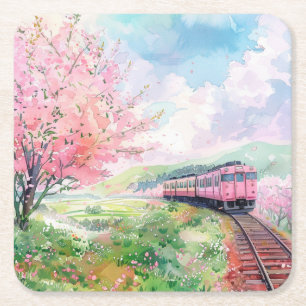 Posavasos Cuadrado De Papel Un tren en primavera