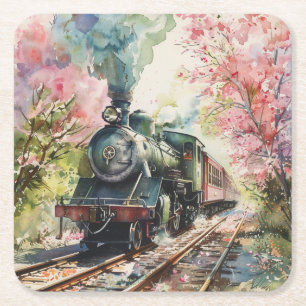Posavasos Cuadrado De Papel Un tren en primavera