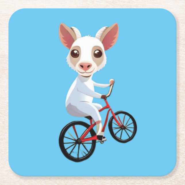 Posavasos Cuadrado De Papel Una cabra blanca en una bicicleta (Anverso)