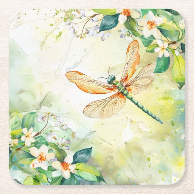 Posavasos Cuadrado De Papel Una libélula de primavera (Anverso)