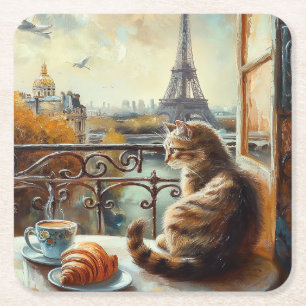 Posavasos Cuadrado De Papel Una mañana en París Gato de jengibre en un café