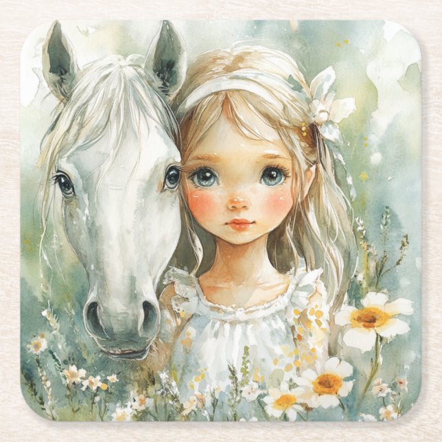 Posavasos Cuadrado De Papel Una niña con un caballo (Anverso)