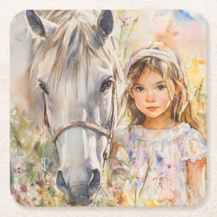 Posavasos Cuadrado De Papel Una niña con un caballo