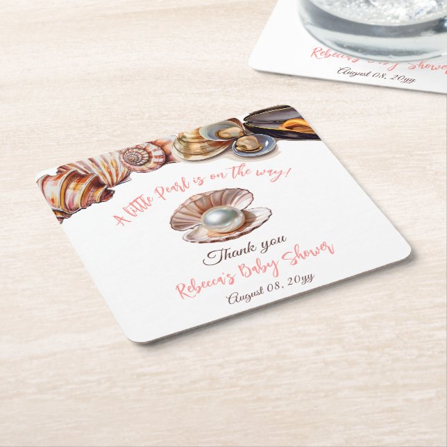 Posavasos Cuadrado De Papel Una pequeña perla bajo el mar Chica Baby Shower (En perspectiva)