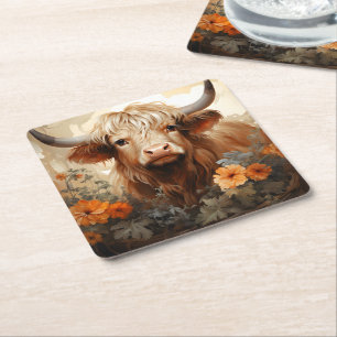 Posavasos Cuadrado De Papel Una serie floral de vacas de las Highlands Diseño 