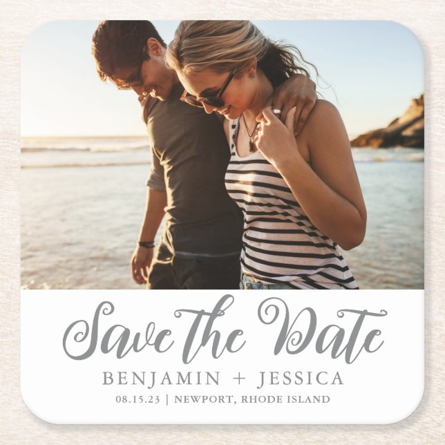 Posavasos Cuadrado De Papel Una simple boda de fotos Guardar la fecha (Anverso)