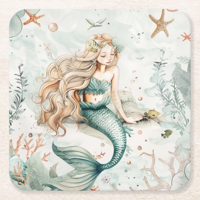 Posavasos Cuadrado De Papel Una sirena linda (Anverso)