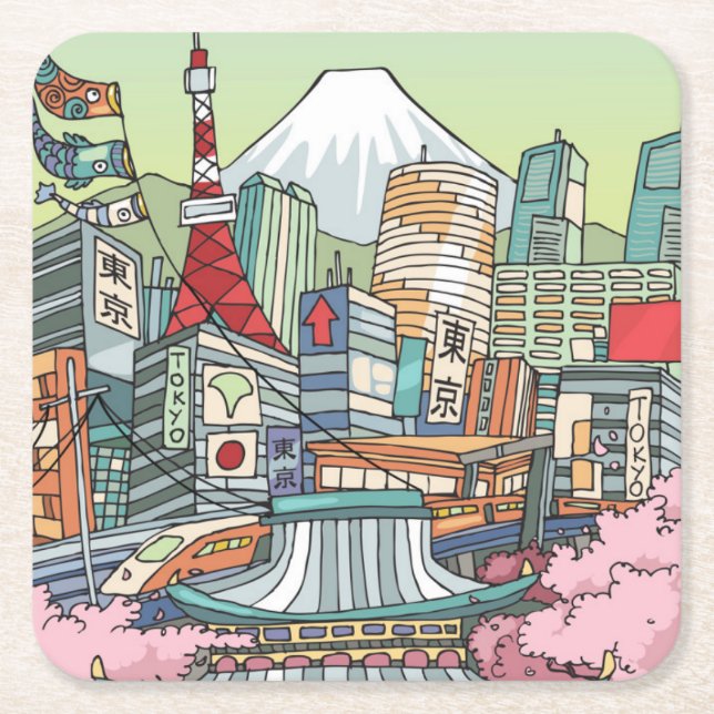 Posavasos Cuadrado De Papel Una vista de Tokio (Anverso)