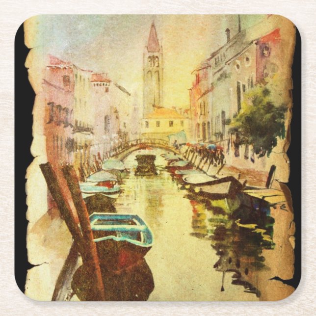 Posavasos Cuadrado De Papel Una vista del canal con los barcos y los edificios (Anverso)