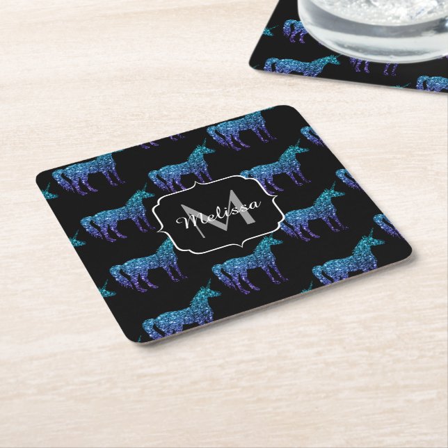 Posavasos Cuadrado De Papel Unicorn Sparkles aqua patrón oscuro azul Monograma (En perspectiva)