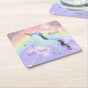 Posavasos Cuadrado De Papel Unicornio, arco iris, para chicas, niños, festivos
