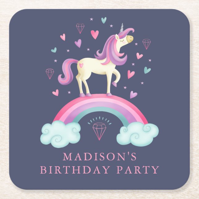 Posavasos Cuadrado De Papel Unicornio arcoiris (Anverso)