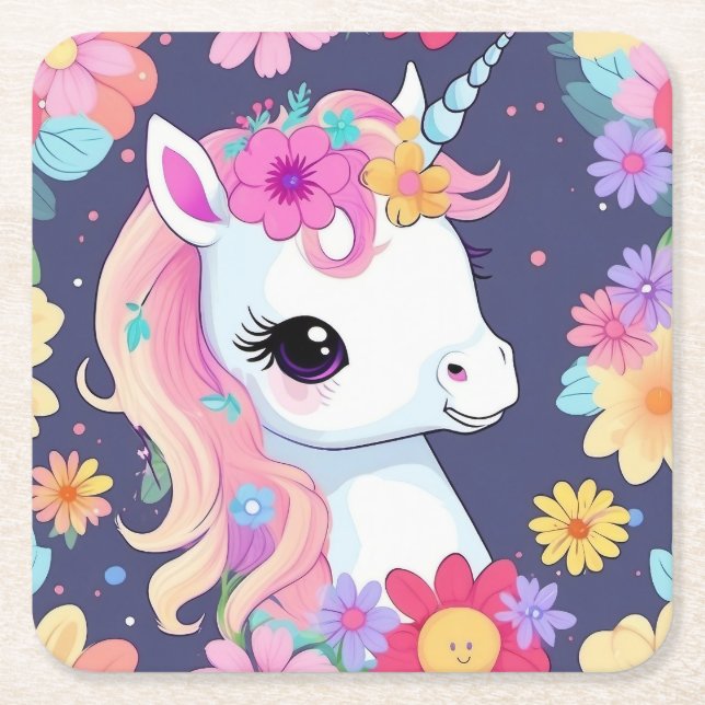 Posavasos Cuadrado De Papel Unicornio blanco adorable con flores (Anverso)