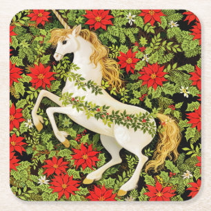 Posavasos Cuadrado De Papel Unicornio Feliz Navidad Rojo Verde Blanco