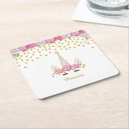 Posavasos Cuadrado De Papel Unicornio, flores rosadas y confeti dorado