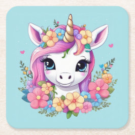 Posavasos Cuadrado De Papel Unicornio mágico con flores